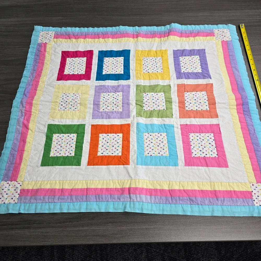 Handmade Patchwork Baby Quilt Colorful Geometric Squares Confetti Print 36x32